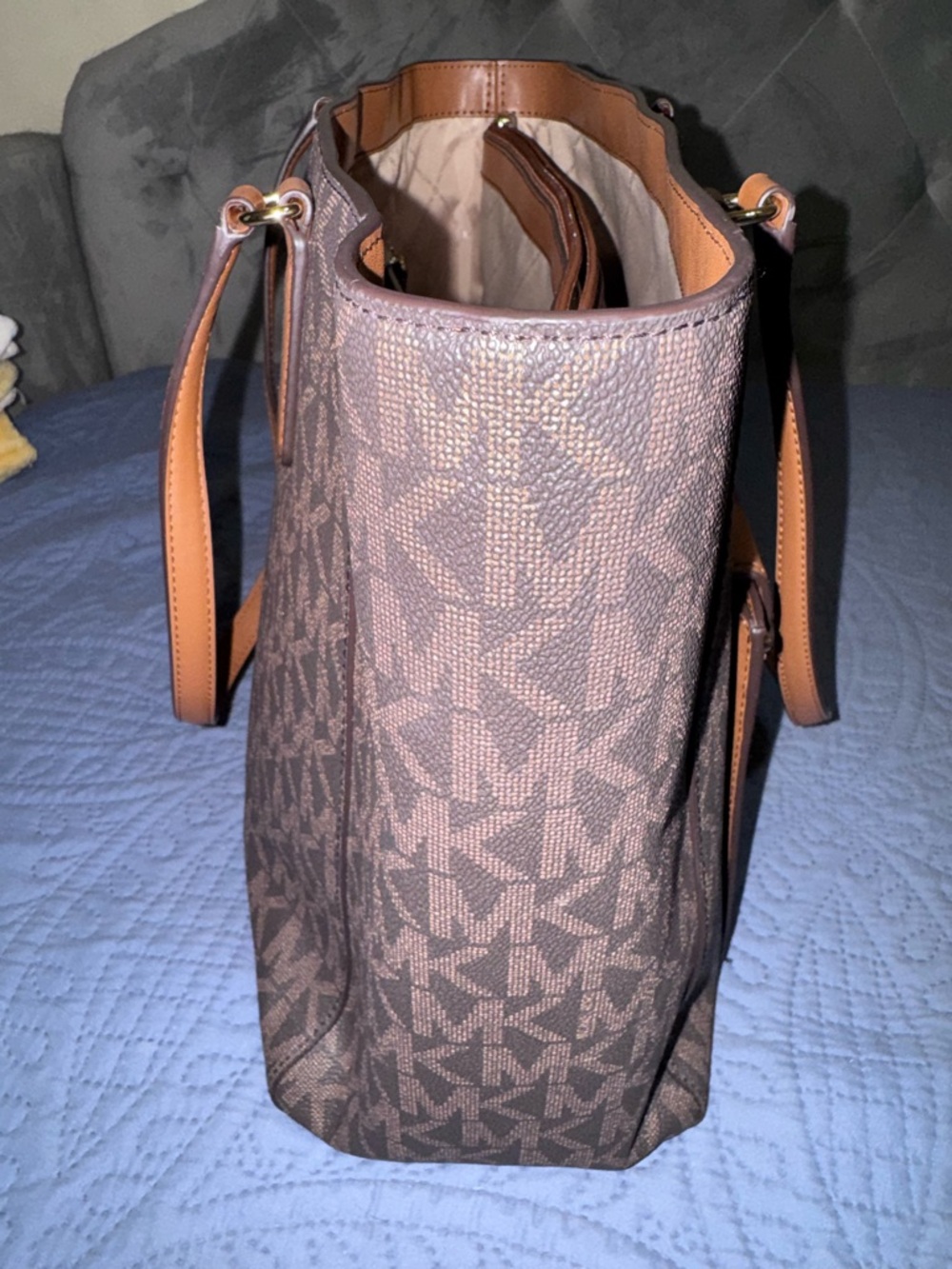 Michael Kors Brown/Tan MK Monogram Tote with Front Pocket - Picture 3 of 10